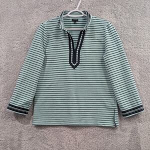 Talbots Top Women's Medium Petite MP Mint And Navy Blue Striped V-Neck Terry
